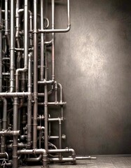 Poster - A complex network of black pipes and tubes, arranged in a seemingly random pattern, dominates the left side of the , with a dark background on the right