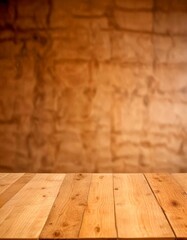 Poster - A wooden table with a textured surface sits in the foreground, while a textured stone wall forms the background