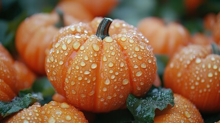 Fresh orange pumpkins with water droplets - autumn harvest theme for print and decor