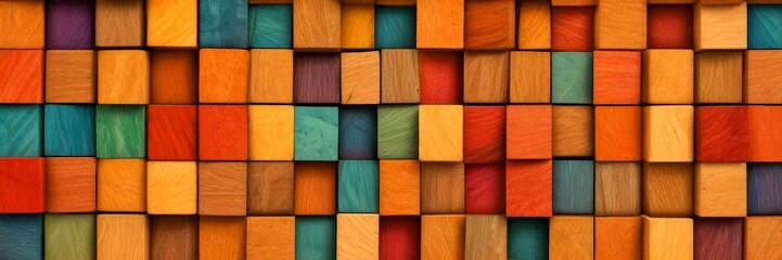 Leinwandbilder - A grid of wooden blocks in various shades of brown, orange, green, and blue, arranged in a visually appealing pattern