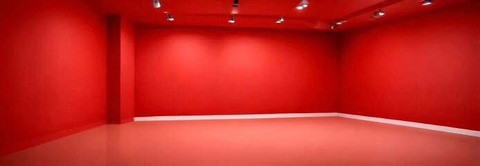Poster - An empty room with red walls and a white floor, illuminated by track lights