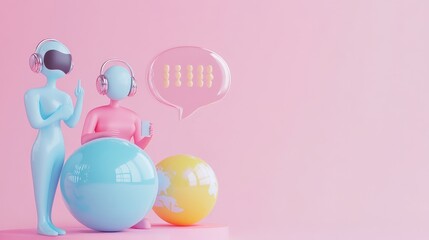 Two 3D figures wearing headphones, listening to music or a podcast on their phones, standing on globes with a speech bubble above them.