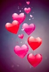Poster - A digital illustration of pink hearts floating against a purple background, with some hearts appearing to be floating in the air