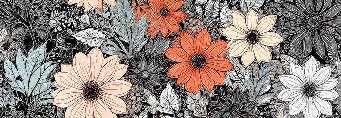 Poster - a vibrant floral pattern with a variety of flowers in shades of pink, orange, and white, interspersed with gray and black leaves