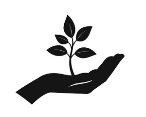 Hand-holding plant icon vector illustration on a white background, a simple silhouette in black color.