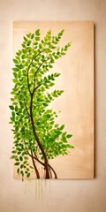 Poster - A digital painting tree with green leaves on a wooden board, mounted on a beige wall