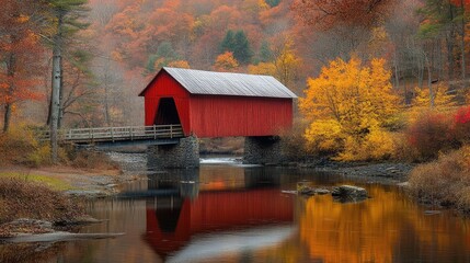 A classic red covered bridge, crossing a winding river in a rural setting, with autumn foliage reflecting on the water