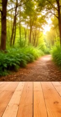 Poster - A wooden platform in the foreground leads the eye towards a lush, verdant forest in the background, with sunlight filtering through the trees