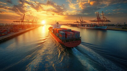 a cargo ship navigating towards a shipyard at dawn