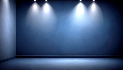 Poster - A dark room with a simple, minimalist design, featuring a dark wall, a concrete floor, and three spotlights evenly spaced along the wall
