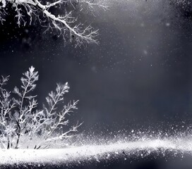 Aufkleber - A serene winter scene with snow-covered branches and a snow-dusted landscape, captured in a black and white photograph