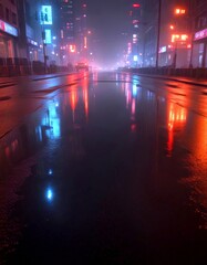 Poster - A foggy night scene city street, with the wet pavement reflecting the bright lights from the surrounding buildings