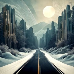 Poster - A snowy, mountainous road winds through a futuristic cityscape, with tall, angular buildings and a large, glowing moon in the sky