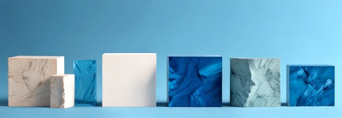 Leinwandbilder - A collection of six blocks, each with a unique texture and color, arranged in a row against a solid blue background