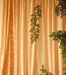 Poster - A curtain with a floral pattern on the left and a curtain with green leaves on the right, creating a harmonious blend of natural and decorative elements