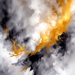 Fototapete - an abstract painting featuring a swirling pattern of black and gold hues, with splashes of gold and black throughout
