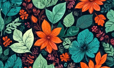 Poster - a repeating pattern of tropical leaves and flowers in shades of green, orange, and red against a dark background