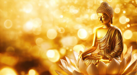 A golden Buddha with a glowing light effect in the background, a lotus flower, and a golden mandala in a yellow color scheme