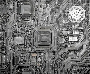 Fototapete - a close-up view complex electronic circuit board, with various components and traces arranged in a highly detailed manner