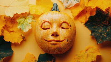 Sticker - Creative pumpkin face mask on neutral backdrop