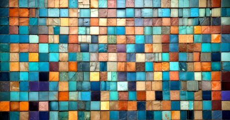 Leinwandbilder - A mosaic of square tiles in various shades of blue, green, orange, and brown, arranged in a grid-like pattern