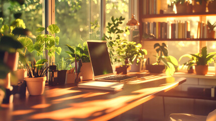 Wall Mural - A warm and inviting home office featuring a comfortable workspace surrounded by plants and natural light, perfect for remote work and productivity