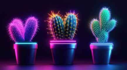 Wall Mural - Three neon glowing cacti in pots on a dark background.