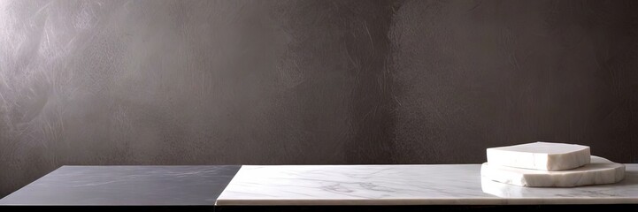 Leinwandbilder - A marble slab with a dark gray section rests on a black surface, with a white rectangular object placed on top of the slab