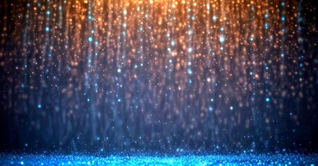 Poster - a dark background with a gradient of blue and orange lights, creating a sense of depth and movement The lights appear to be falling or falling into a water surface, adding