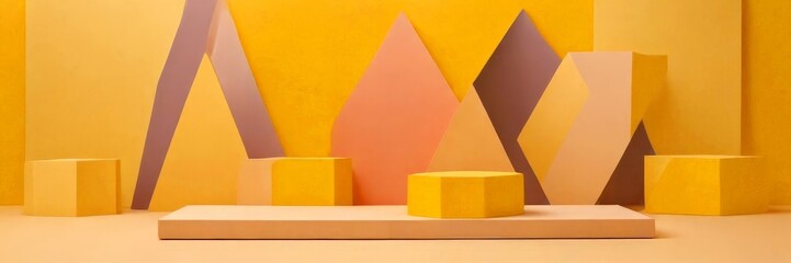Leinwandbilder - A minimalist geometric stage set with a rectangular platform, three hexagonal objects, and a backdrop of geometric shapes in various shades of yellow and pink