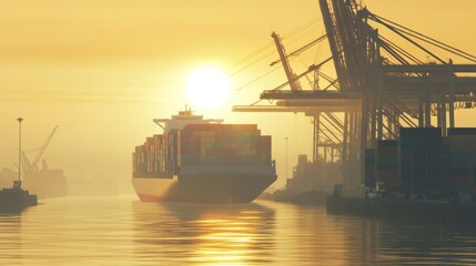 a container cargo ship arriving at a shipyard