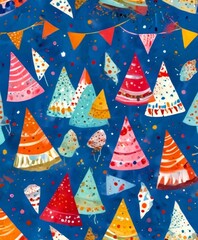 Poster - A festive pattern of colorful, abstract Christmas trees and flags against a dark blue background