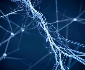 Leinwandbilder - a close-up view network of white, thin strands or wires, resembling the structure brain or a complex web The background is dark, providing a stark contrast