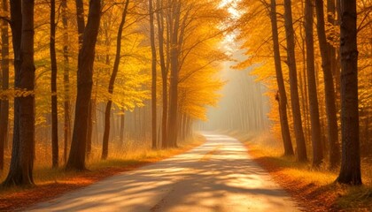 Poster - A tranquil autumnal scene unfolds on a winding road, flanked by trees adorned with vibrant yellow leaves that cast a warm glow on the path The sun's rays filter through