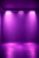 Poster - A dimly lit room with purple lighting, featuring a concrete floor and a wall with three evenly spaced spotlights