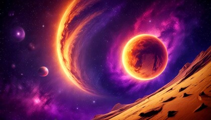 Leinwandbilder - a vibrant, cosmic scene with a large, orange planet dominating the center, surrounded by smaller planets and a swirling nebula in shades of purple and orange The background