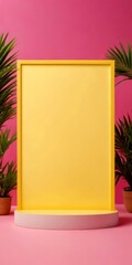 Leinwandbilder - A yellow rectangular frame stands on a white pedestal against a pink background, flanked by two potted plants