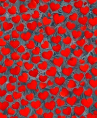 Fototapete - A pattern of red paper hearts scattered across a dark background