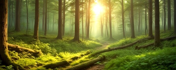Poster - A serene forest scene with sunlight filtering through the trees, casting a warm glow on the mossy ground and fallen logs