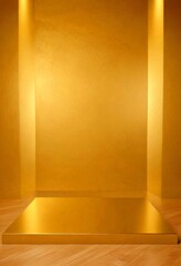 Poster - A golden platform stands in a room with a golden wall and wooden floor, creating a warm and inviting atmosphere