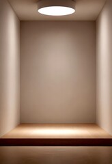 Poster - An empty room with a wooden platform and a circular light fixture hanging from the ceiling