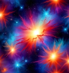 Leinwandbilder - a digital illustration featuring a vibrant cosmic scene with a central explosion surrounded by radiating bursts of light and color, set against a backdrop of
