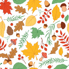 Wall Mural - Seamless pattern falling leaves, acorns, berries, mushrooms. Vector color autumn texture, isolated, hand drawn in doodle flat style. Concept of forest, leaf fall, nature, thanksgiving