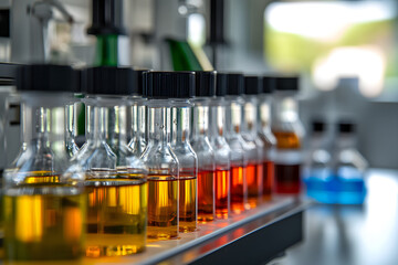 Laboratory glassware with colorful liquids in various flasks, showcasing scientific research