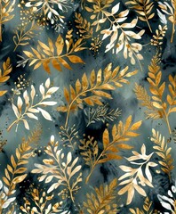 Poster - a repeating pattern of gold and white leaves and branches against a dark blue background