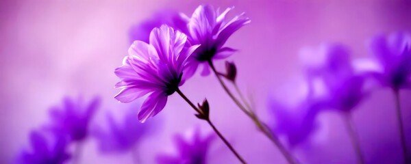 Poster - A close-up single purple flower in focus, with a blurred background of more purple flowers