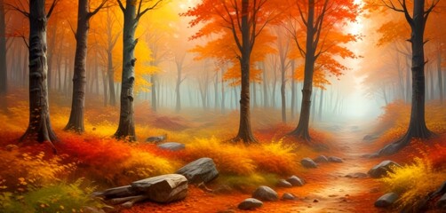 Poster - A serene autumn forest scene with a winding path, tall trees, and vibrant foliage in shades of orange, yellow, and red