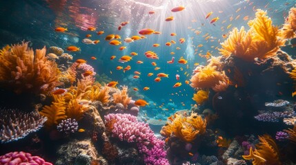 A colorful coral reef with many fish swimming around