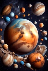 Aufkleber - A digital illustration solar system, featuring a variety of planets in different sizes and colors, set against a dark background with stars