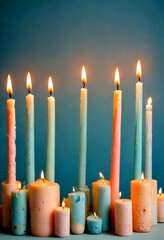 Poster - A collection of lit candles in various pastel shades of blue, pink, and white, arranged in a row against a light blue background